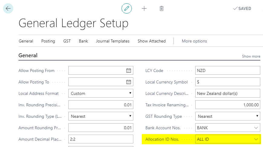 General Ledger Setup - Allocation ID Nos